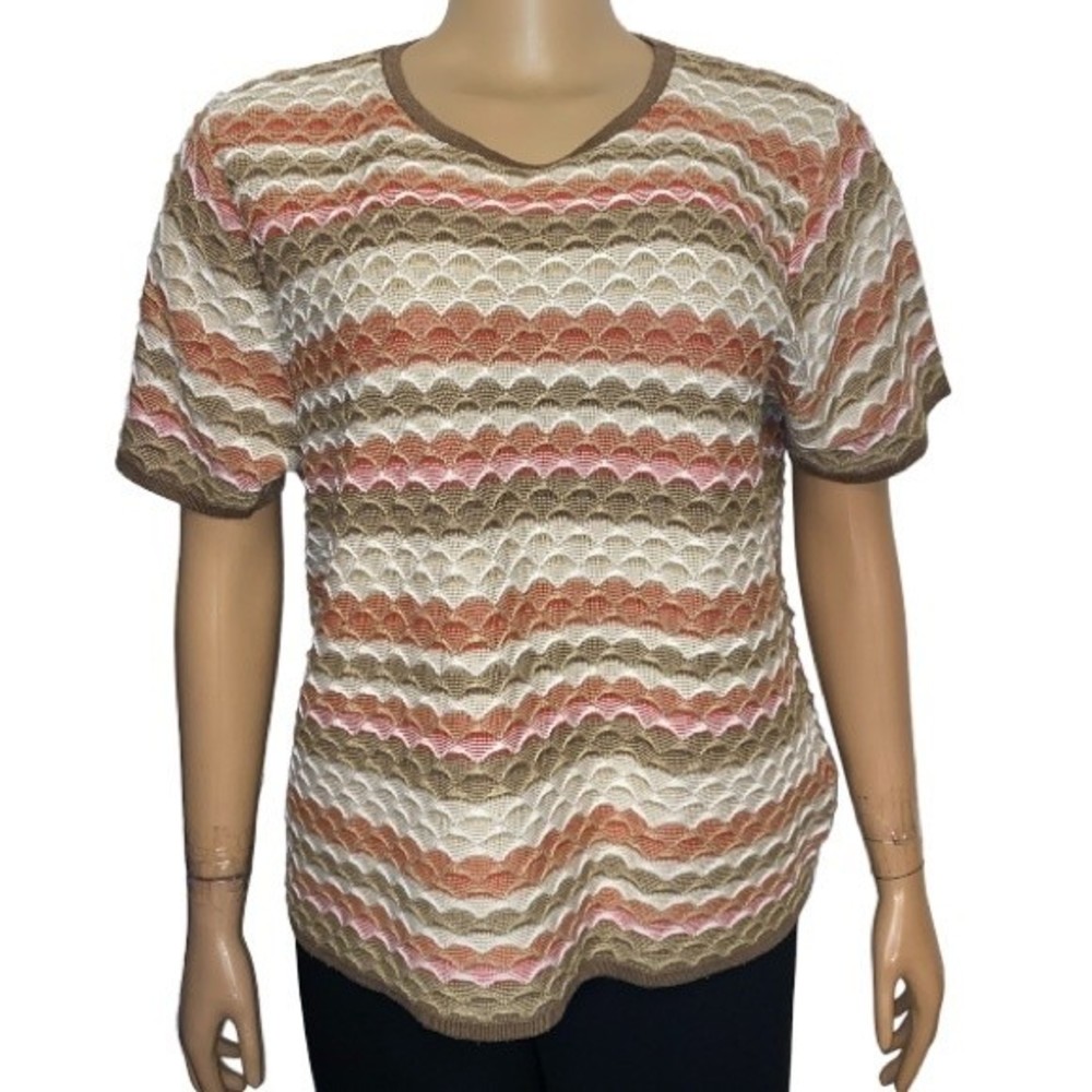 Alfred Dunner Knit Top Crochet Going Native Scalloped Brown Cream Rust Size M